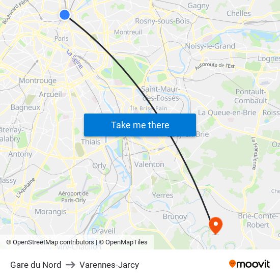 Gare du Nord to Varennes-Jarcy map