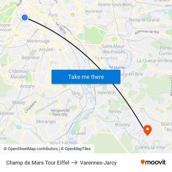 Champ de Mars Tour Eiffel to Varennes-Jarcy map