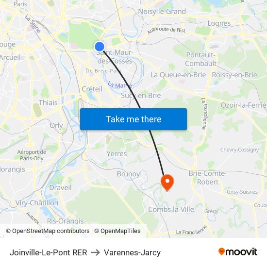 Joinville-Le-Pont RER to Varennes-Jarcy map