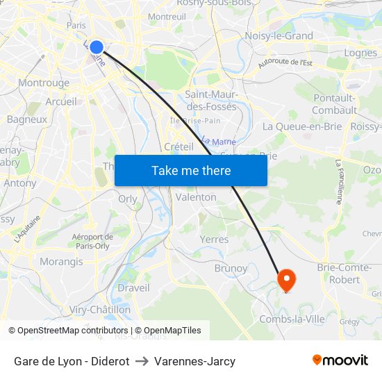Gare de Lyon - Diderot to Varennes-Jarcy map