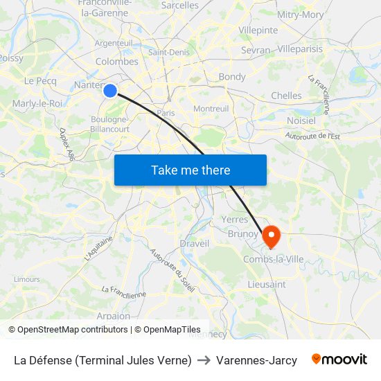 La Défense (Terminal Jules Verne) to Varennes-Jarcy map