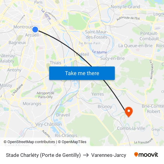 Stade Charléty (Porte de Gentilly) to Varennes-Jarcy map