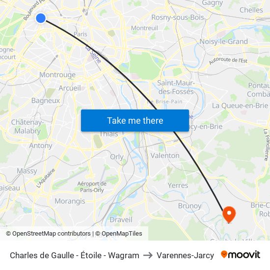 Charles de Gaulle - Étoile - Wagram to Varennes-Jarcy map