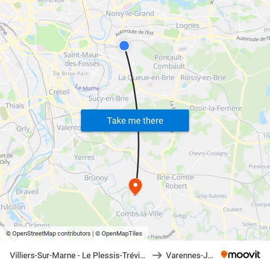 Villiers-Sur-Marne - Le Plessis-Trévise RER to Varennes-Jarcy map