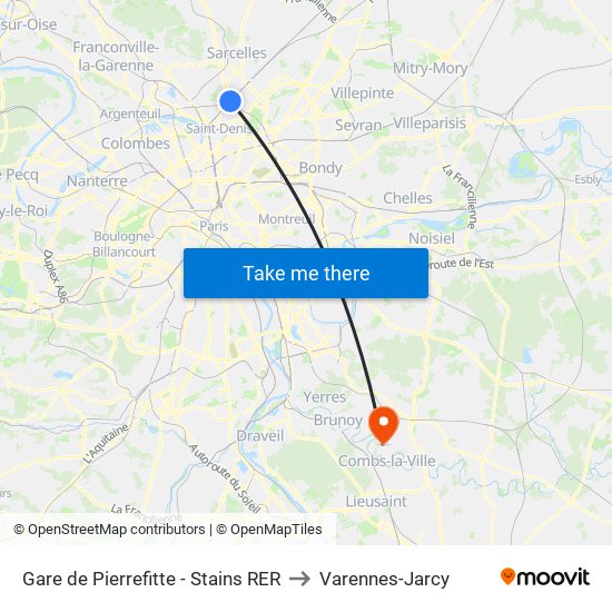 Gare de Pierrefitte - Stains RER to Varennes-Jarcy map