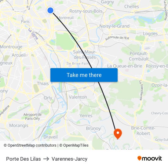 Porte Des Lilas to Varennes-Jarcy map