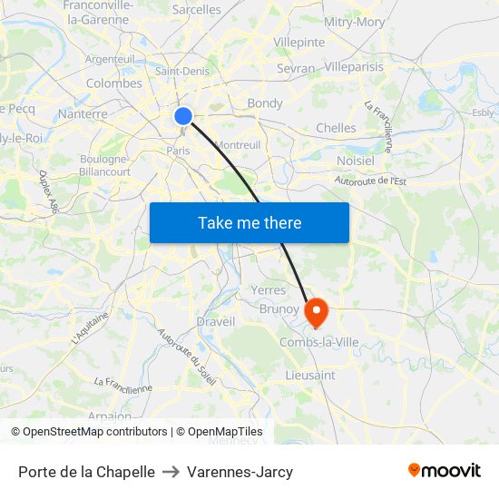 Porte de la Chapelle to Varennes-Jarcy map