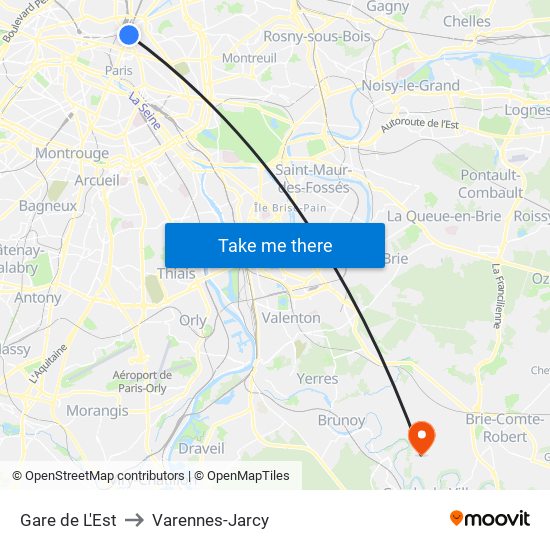 Gare de L'Est to Varennes-Jarcy map