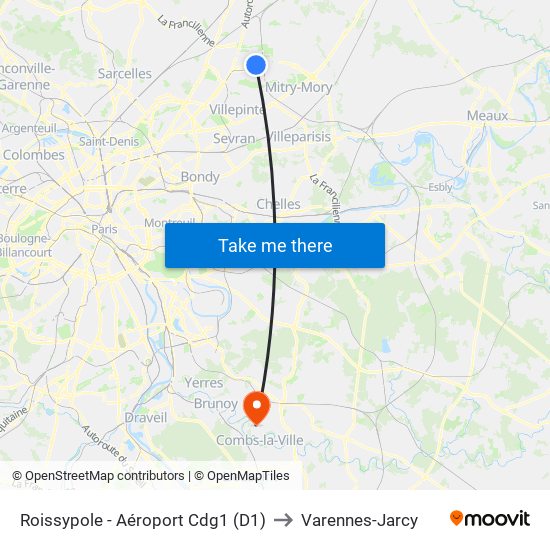 Roissypole - Aéroport Cdg1 (D1) to Varennes-Jarcy map