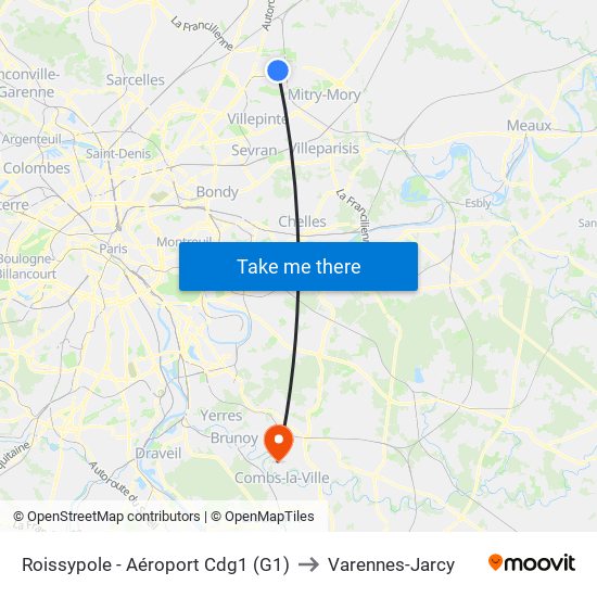 Roissypole - Aéroport Cdg1 (G1) to Varennes-Jarcy map