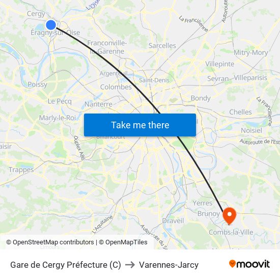Gare de Cergy Préfecture (C) to Varennes-Jarcy map