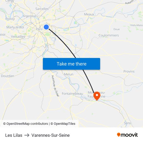 Les Lilas to Varennes-Sur-Seine map