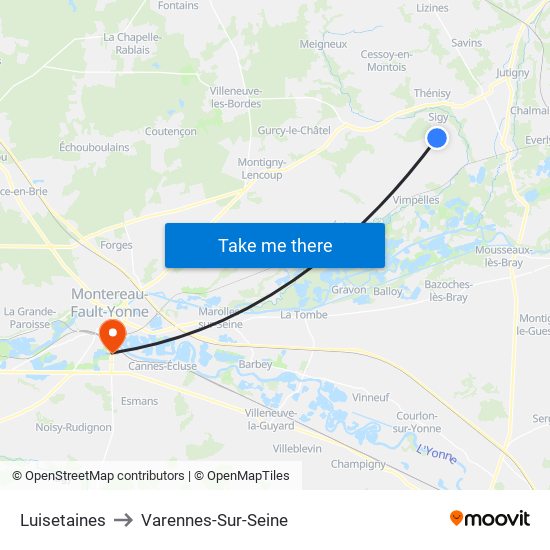 Luisetaines to Varennes-Sur-Seine map
