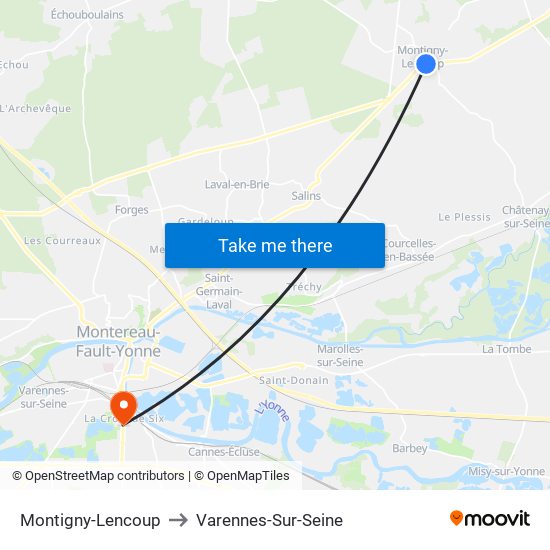 Montigny-Lencoup to Varennes-Sur-Seine map