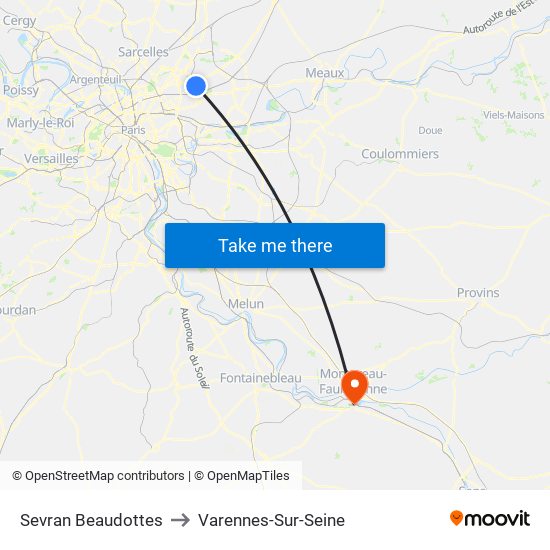 Sevran Beaudottes to Varennes-Sur-Seine map