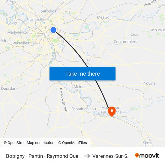Bobigny - Pantin - Raymond Queneau to Varennes-Sur-Seine map