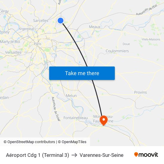 Aéroport Cdg 1 (Terminal 3) to Varennes-Sur-Seine map