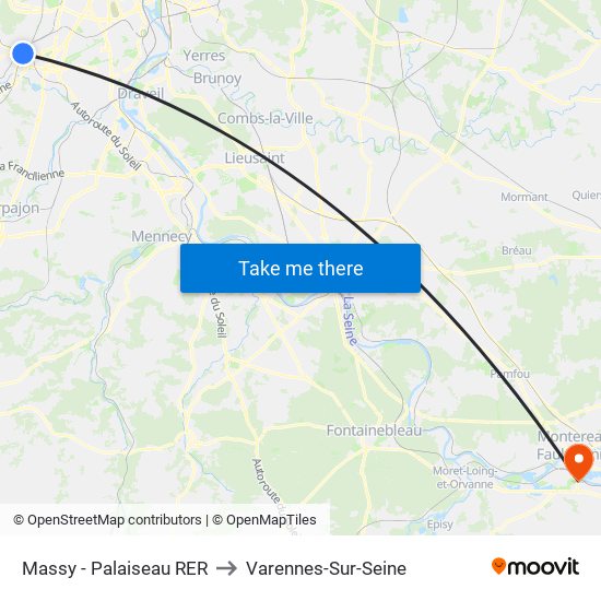 Massy - Palaiseau RER to Varennes-Sur-Seine map