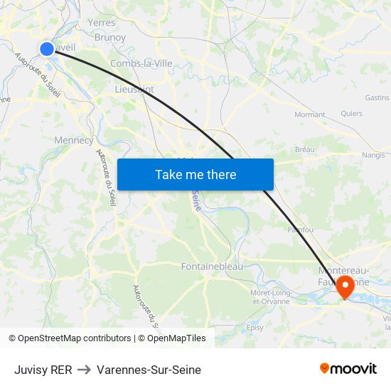Juvisy RER to Varennes-Sur-Seine map