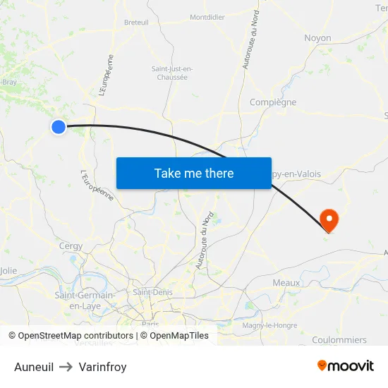 Auneuil to Varinfroy map