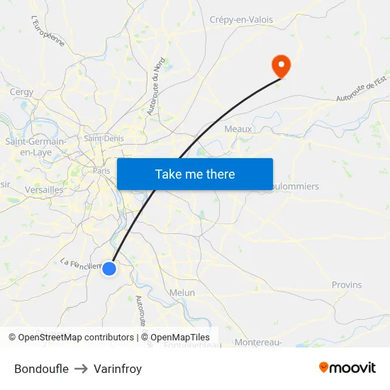 Bondoufle to Varinfroy map