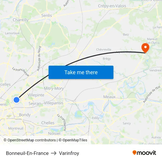 Bonneuil-En-France to Varinfroy map