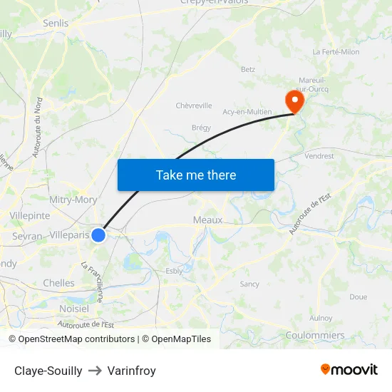 Claye-Souilly to Varinfroy map