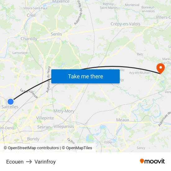 Ecouen to Varinfroy map