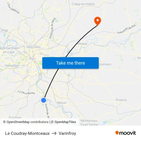 Le Coudray-Montceaux to Varinfroy map
