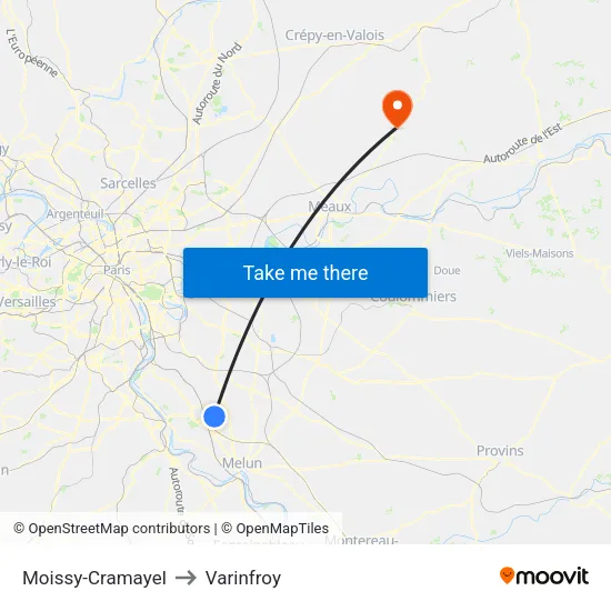 Moissy-Cramayel to Varinfroy map