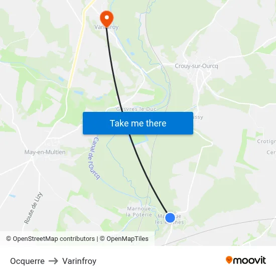 Ocquerre to Varinfroy map