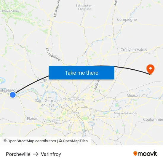 Porcheville to Varinfroy map