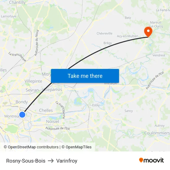 Rosny-Sous-Bois to Varinfroy map