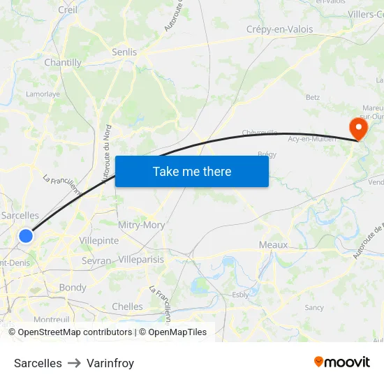 Sarcelles to Varinfroy map