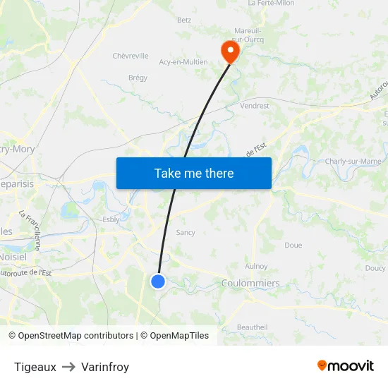 Tigeaux to Varinfroy map
