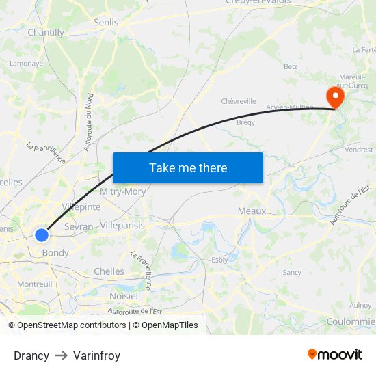 Drancy to Varinfroy map