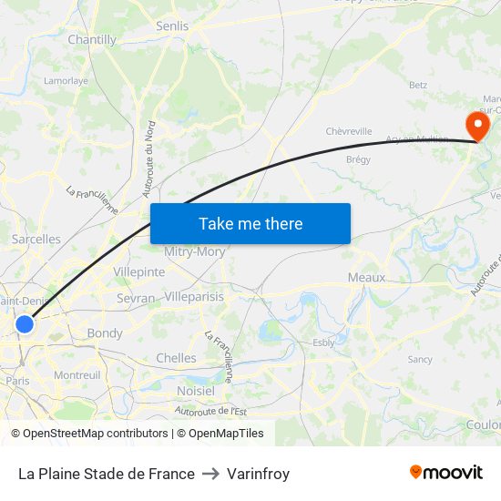 La Plaine Stade de France to Varinfroy map