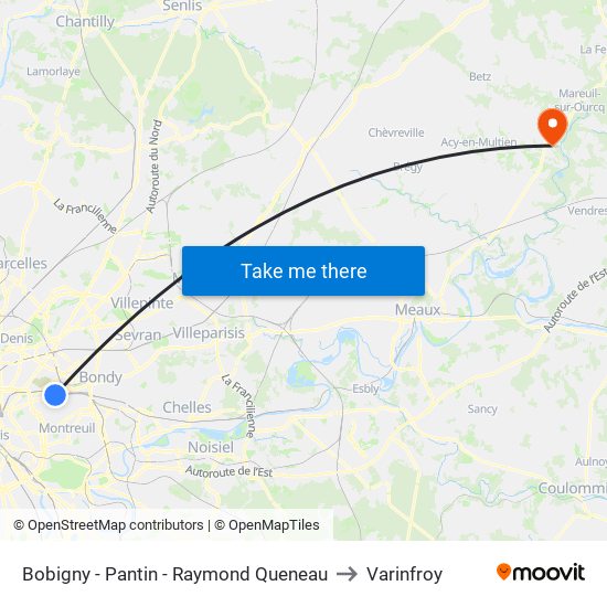 Bobigny - Pantin - Raymond Queneau to Varinfroy map