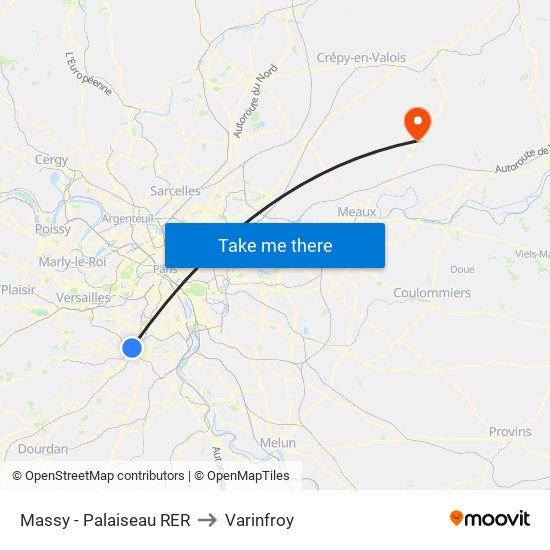 Massy - Palaiseau RER to Varinfroy map