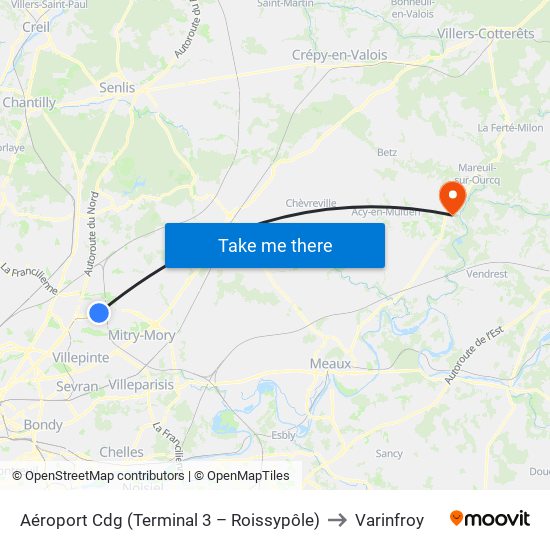 Aéroport Cdg (Terminal 3 – Roissypôle) to Varinfroy map