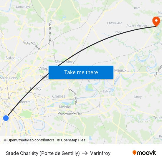 Stade Charléty (Porte de Gentilly) to Varinfroy map