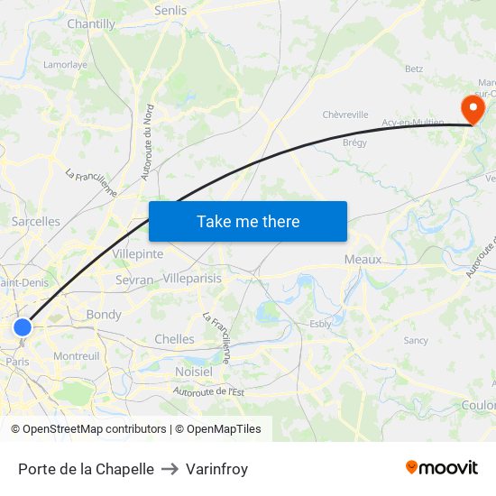 Porte de la Chapelle to Varinfroy map