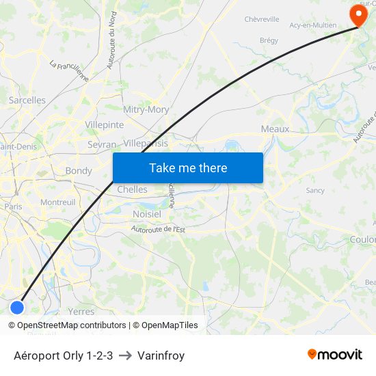 Aéroport Orly 1-2-3 to Varinfroy map