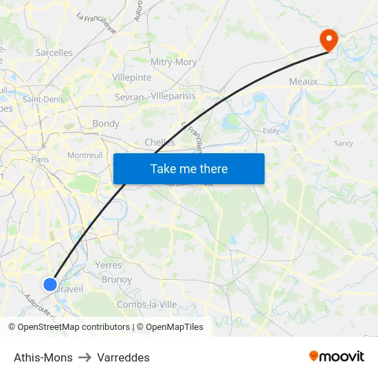 Athis-Mons to Varreddes map