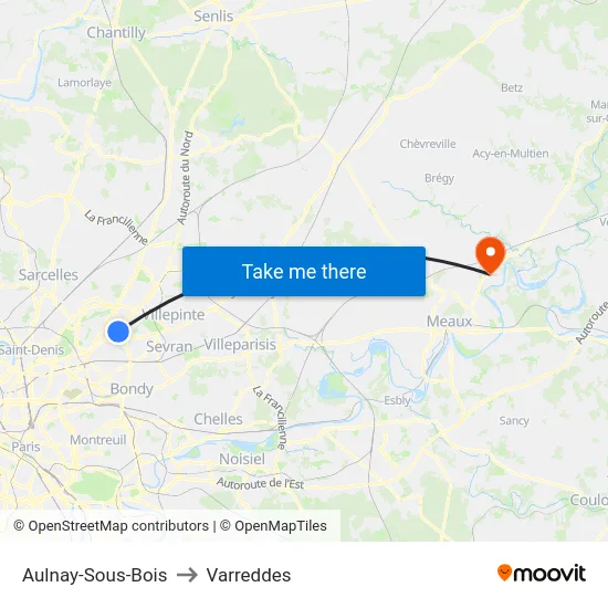 Aulnay-Sous-Bois to Varreddes map