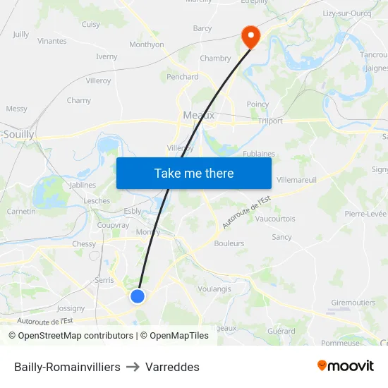 Bailly-Romainvilliers to Varreddes map