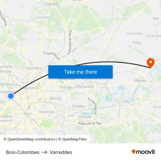 Bois-Colombes to Varreddes map
