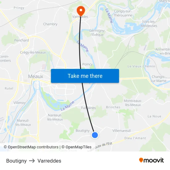 Boutigny to Varreddes map