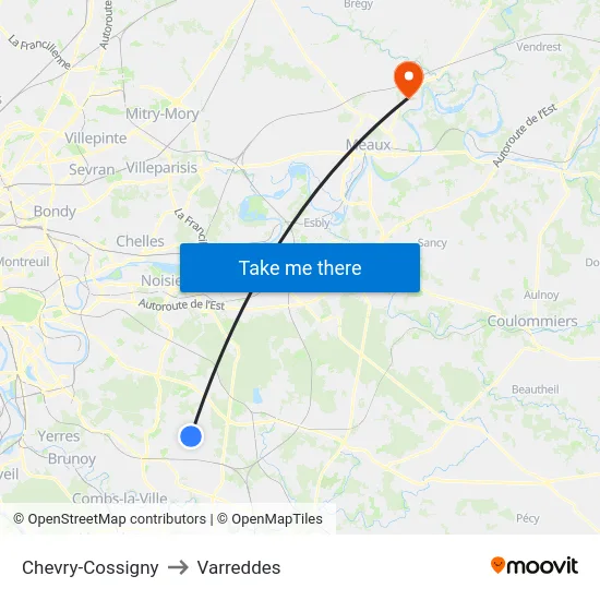 Chevry-Cossigny to Varreddes map