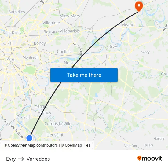 Evry to Varreddes map